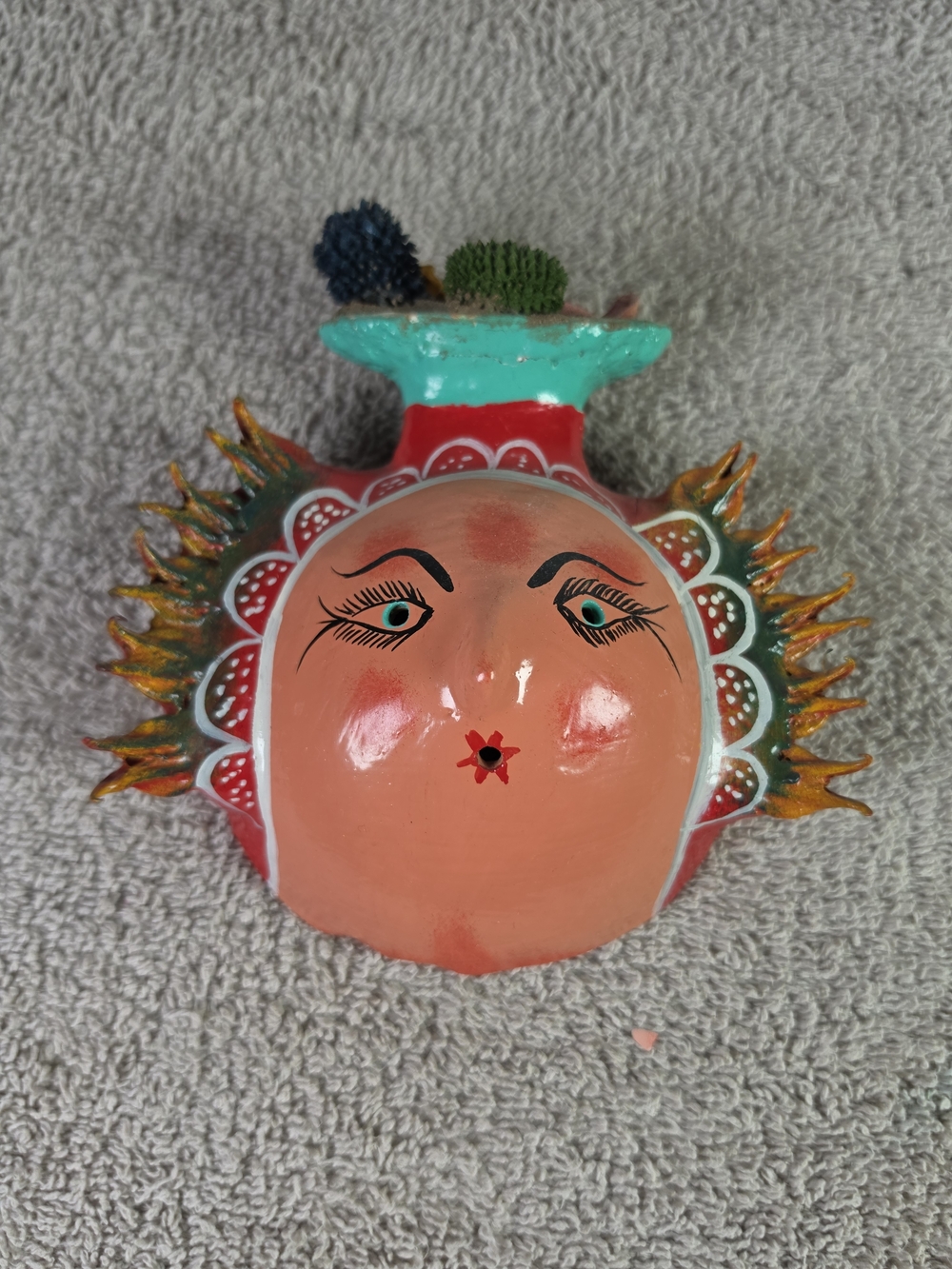 Hand-Painted Coconut Shell Sun Face Wall Accent in Coral and Teal